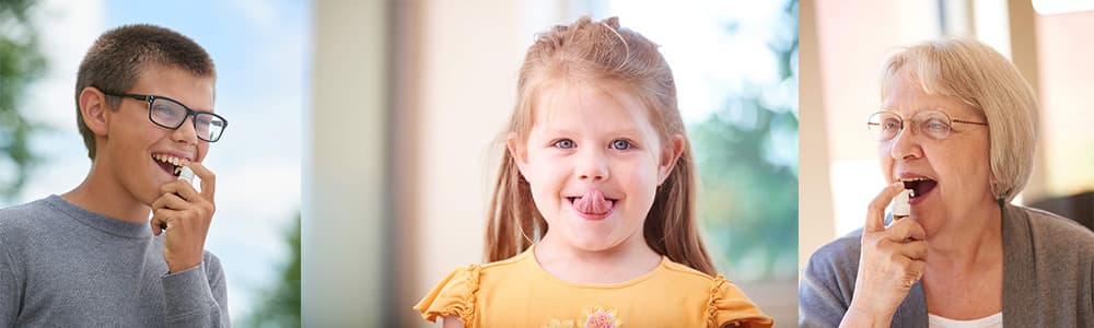 A boy, a young girl and an older woman each taking allergy drops under the tongue.