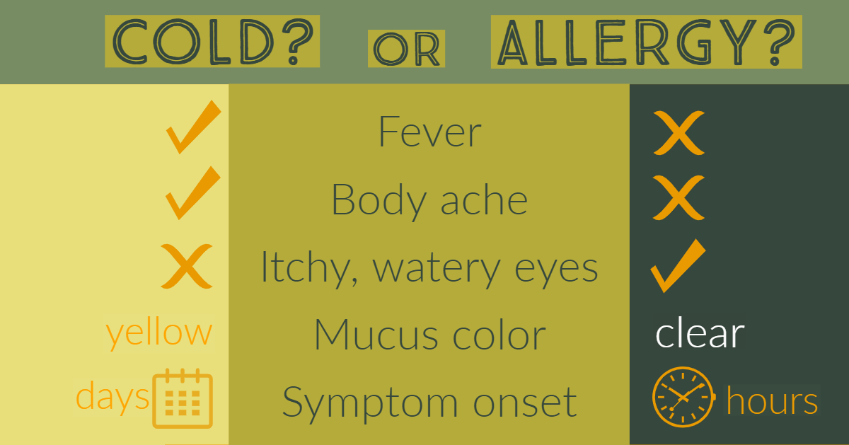 How do you know if your symptoms are from a cold or allergy? Here's a chart to help you determine.